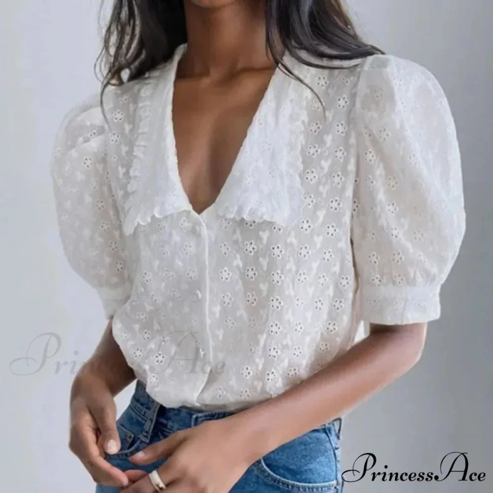 Empty Lace Puff Sleeve Peter Pan Collar Blouse
