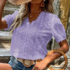 Empty Lace Puff Sleeve V-neck Sweater Blouse