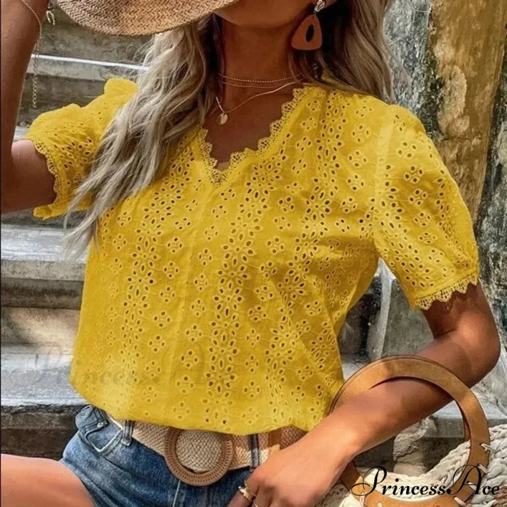 Empty Lace Puff Sleeve V-neck Sweater Blouse