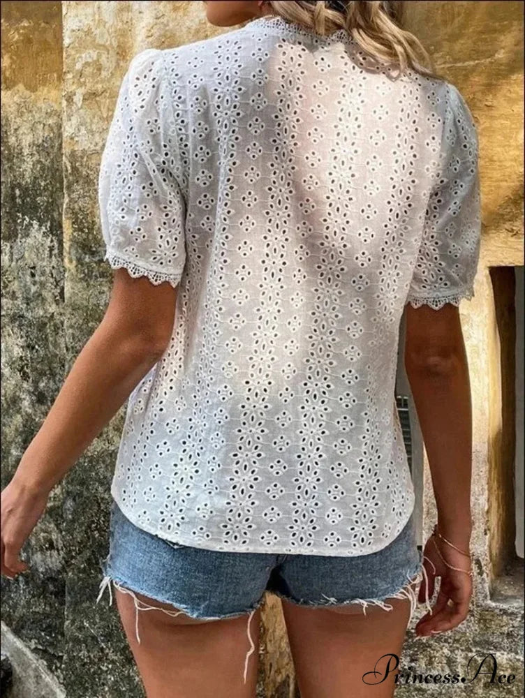 Empty Lace Puff Sleeve V-neck Sweater Blouse