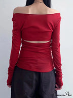 Empty Out Bandage Slim Backless Slash Neck Extended Sleeve Knit Top