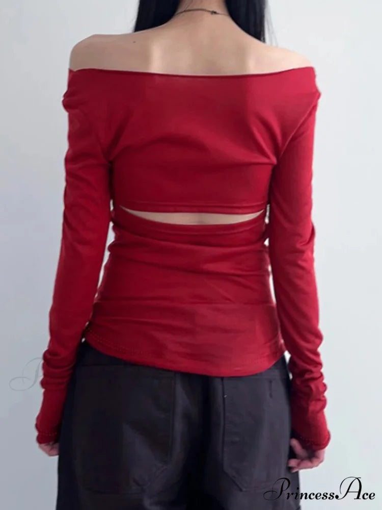 Empty Out Bandage Slim Backless Slash Neck Extended Sleeve Knit Top