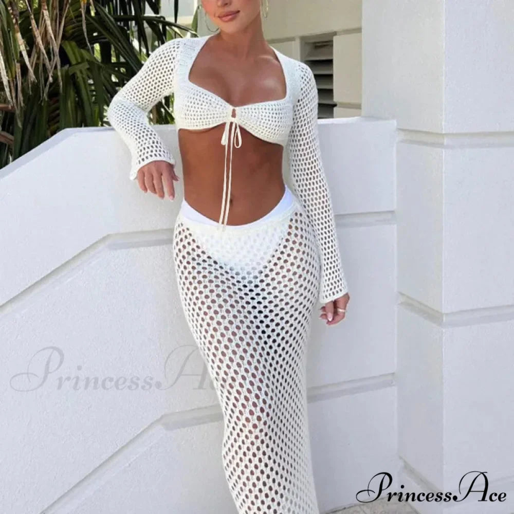 Empty Out Extended Sleeve Tie-Up Crop Top Fringe Bodycon Maxi Skirt Two Pieces Set