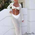 Empty Out Extended Sleeve Tie-Up Crop Top Fringe Bodycon Maxi Skirt Two Pieces Set