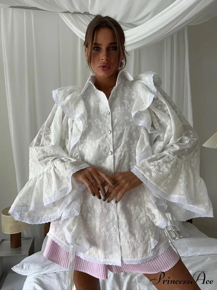 Empty Out Lotus Leaf Border White Blouse