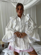 Empty Out Lotus Leaf Border White Blouse