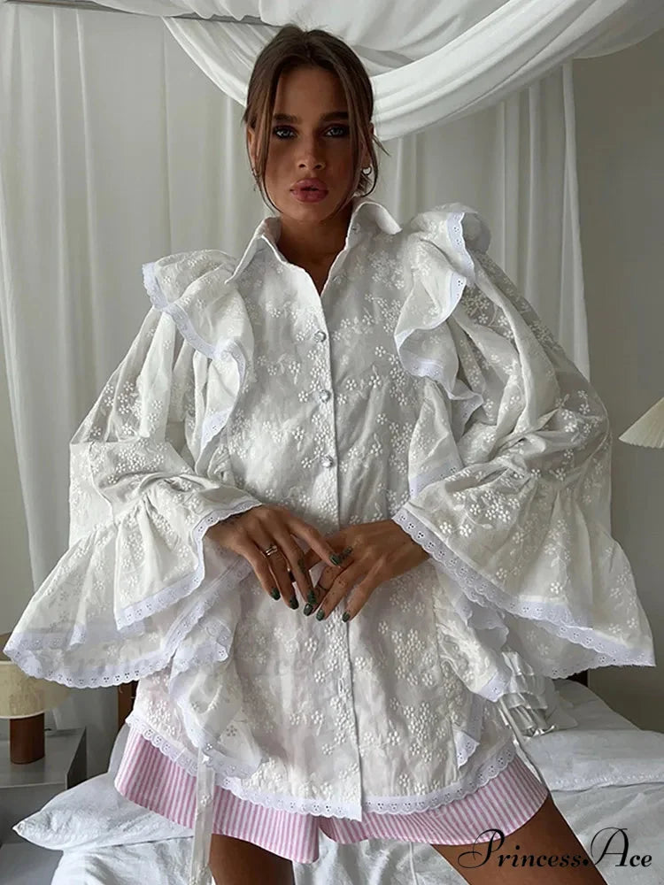 Empty Out Lotus Leaf Border White Blouse