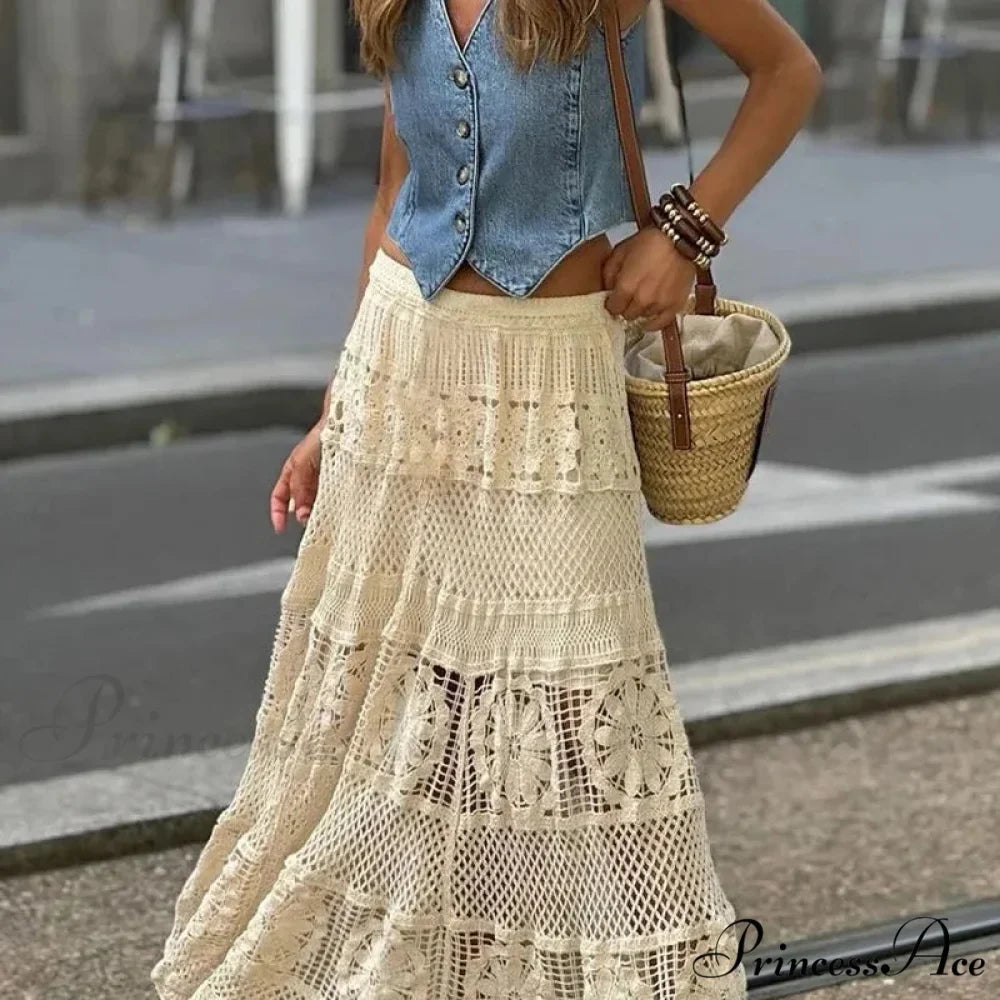 Empty Out Maxi Skirt Monotone A-line Hook Sentimental Vacation