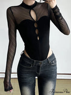 Empty Out Patchwork Mesh Transparent Slim O-Neck Long Sleeve Bodysuit