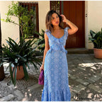 Empty Out Stitched Open-Back Frill Maxi Dress