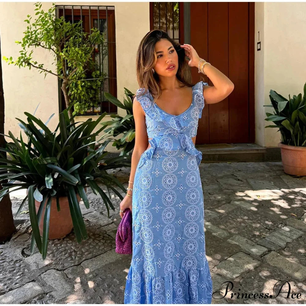 Empty Out Stitched Open-Back Frill Maxi Dress