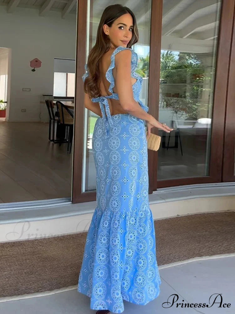 Empty Out Stitched Open-Back Frill Maxi Dress