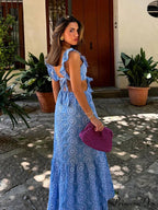 Empty Out Stitched Open-Back Frill Maxi Dress