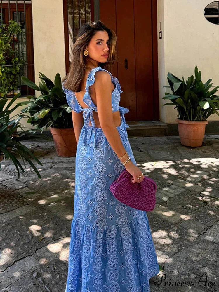 Empty Out Stitched Open-Back Frill Maxi Dress