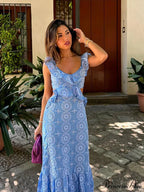 Empty Out Stitched Open-Back Frill Maxi Dress