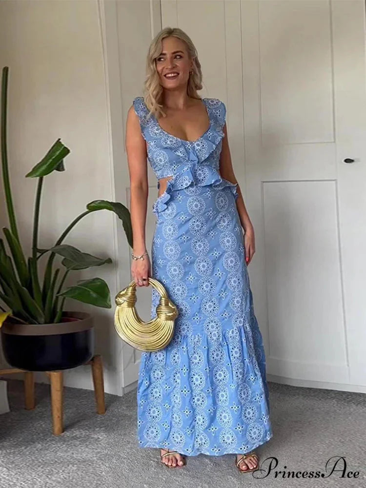 Empty Out Stitched Open-Back Frill Maxi Dress