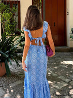 Empty Out Stitched Open-Back Frill Maxi Dress