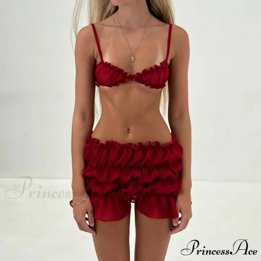 Enchanting 2 Piece Skirts Ensembles Frills Spaghetti Strap Cami Crop Tops + Ruched Mini Pencil Skirt Women Y2K Vintage Streetwear