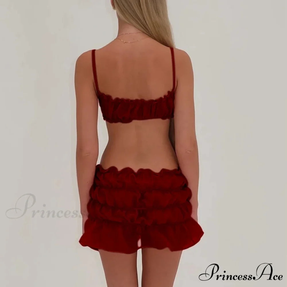 Enchanting 2 Piece Skirts Ensembles Frills Spaghetti Strap Cami Crop Tops + Ruched Mini Pencil Skirt Women Y2K Vintage Streetwear