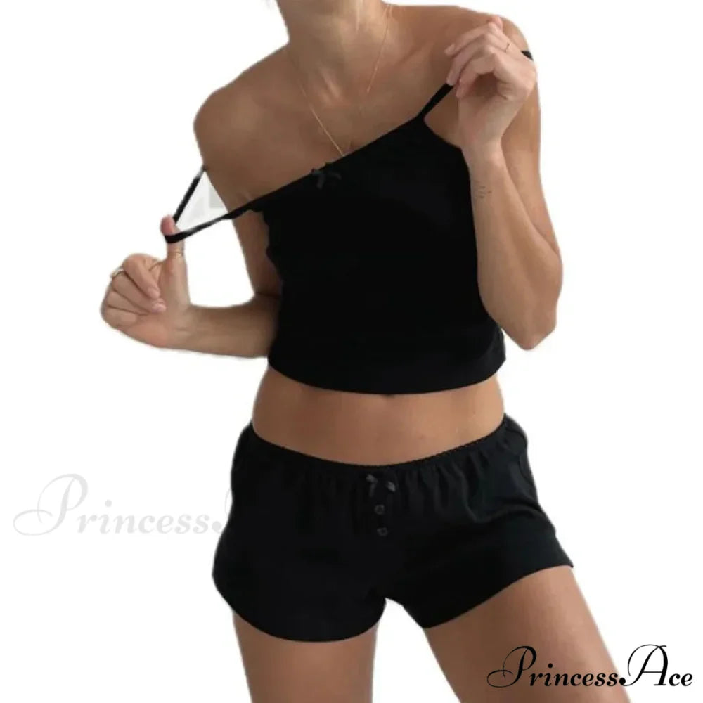 Enchanting Comfy 2 Piece Pajama Set 00s Vintage Cute Bow Sleeveless Camis Crop Tops + Shorts Y2K Women Sleepwear Loungewear