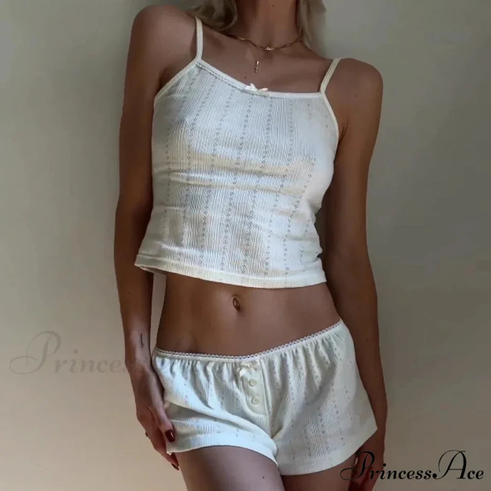 Enchanting Comfy 2 Piece Pajama Set 00s Vintage Cute Bow Sleeveless Camis Crop Tops + Shorts Y2K Women Sleepwear Loungewear