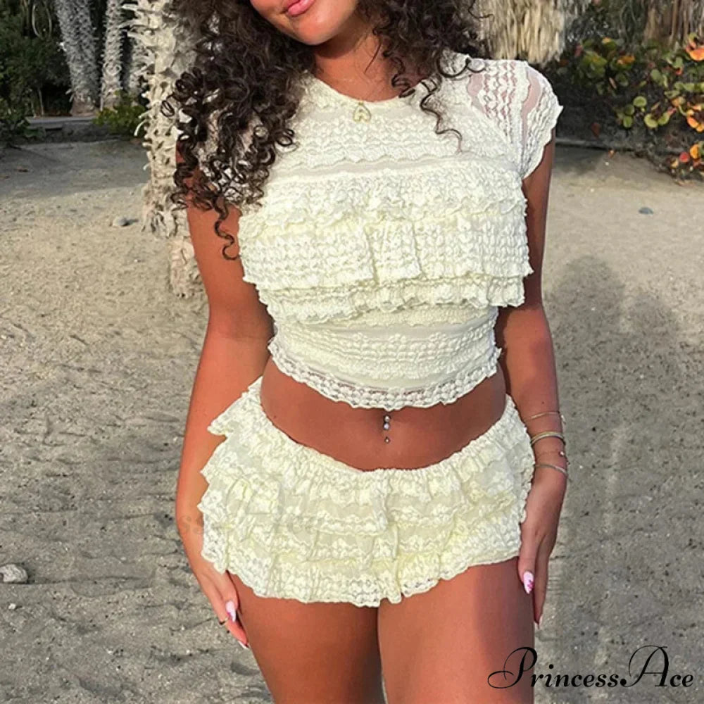 Enchanting Flirt Outfits Lace Tiered Frills Tank Tops + Mini Cake Shorts 2000s Vintage Cute 2 Piece Set Y2K Aesthetic Crop Tops