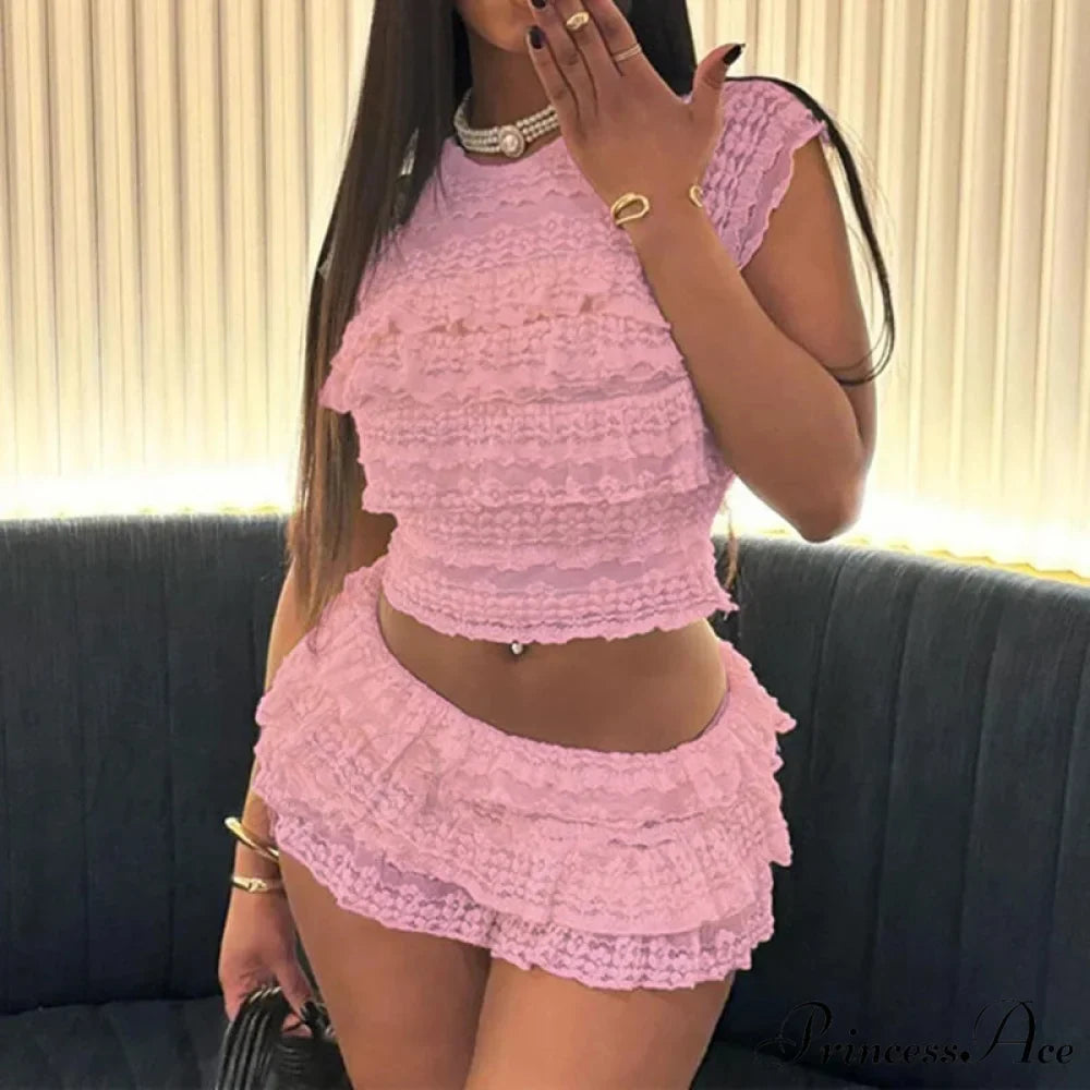 Enchanting Flirt Outfits Lace Tiered Frills Tank Tops + Mini Cake Shorts 2000s Vintage Cute 2 Piece Set Y2K Aesthetic Crop Tops