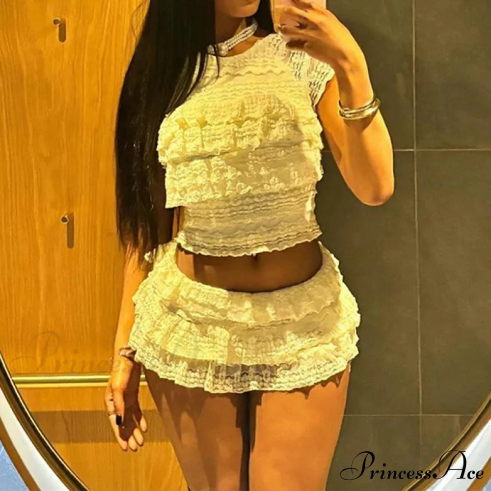 Enchanting Flirt Outfits Lace Tiered Frills Tank Tops + Mini Cake Shorts 2000s Vintage Cute 2 Piece Set Y2K Aesthetic Crop Tops