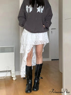 Enchanting Lace Tiered High Waist Uneven Flounced Midi Skirt