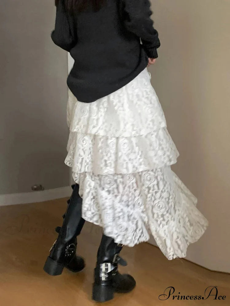 Enchanting Lace Tiered High Waist Uneven Flounced Midi Skirt