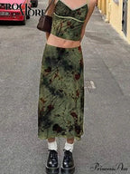 Enchantingcore Grunge Floral Printed Midi Skirt Y2K Retro Skirt