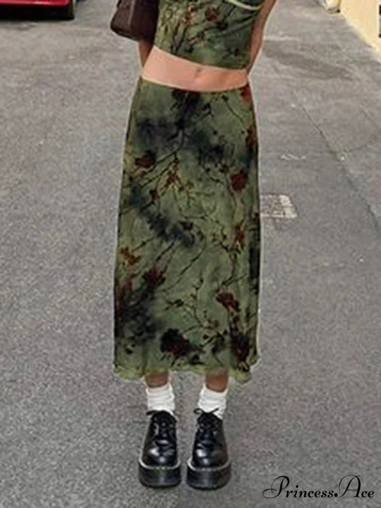 Enchantingcore Grunge Floral Printed Midi Skirt Y2K Retro Skirt