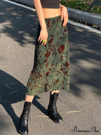 Enchantingcore Grunge Floral Printed Midi Skirt Y2K Retro Skirt