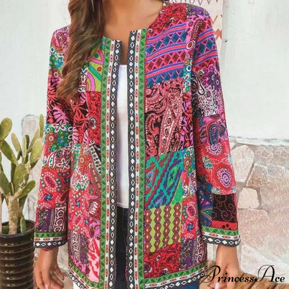 Ethnic Floral Print Long Sleeve Loose Coat Cardigan Chic Outerwear