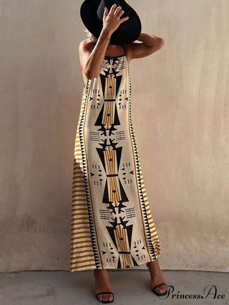 Ethnic Print Backless Charming A-line Maxi Dress