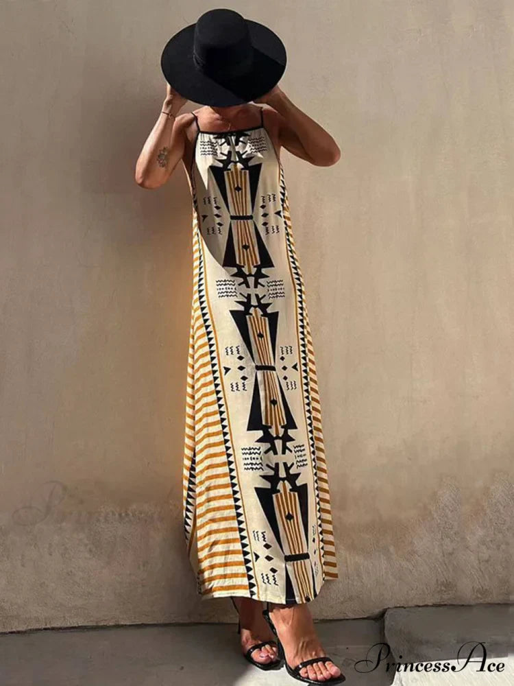 Ethnic Print Backless Charming A-line Maxi Dress