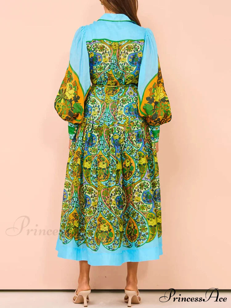 Ethnic Print Cardigan Charming Lace-Up Lapel Long-Sleeved Dress
