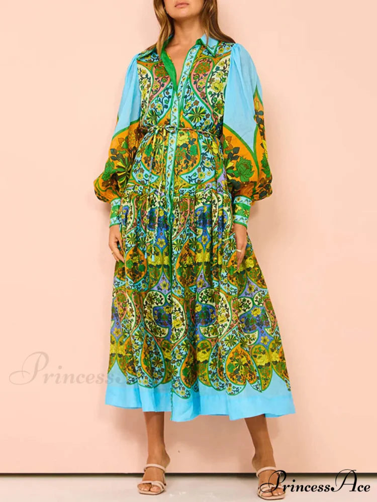 Ethnic Print Cardigan Charming Lace-Up Lapel Long-Sleeved Dress