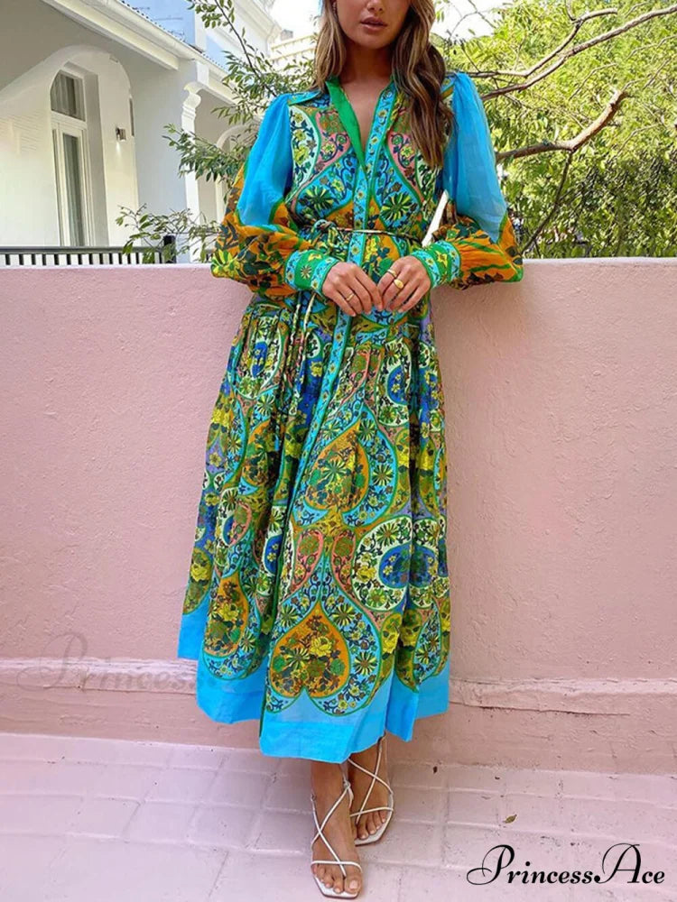 Ethnic Print Cardigan Charming Lace-Up Lapel Long-Sleeved Dress