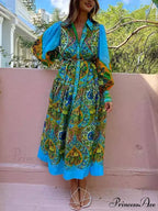 Ethnic Print Cardigan Charming Lace-Up Lapel Long-Sleeved Dress