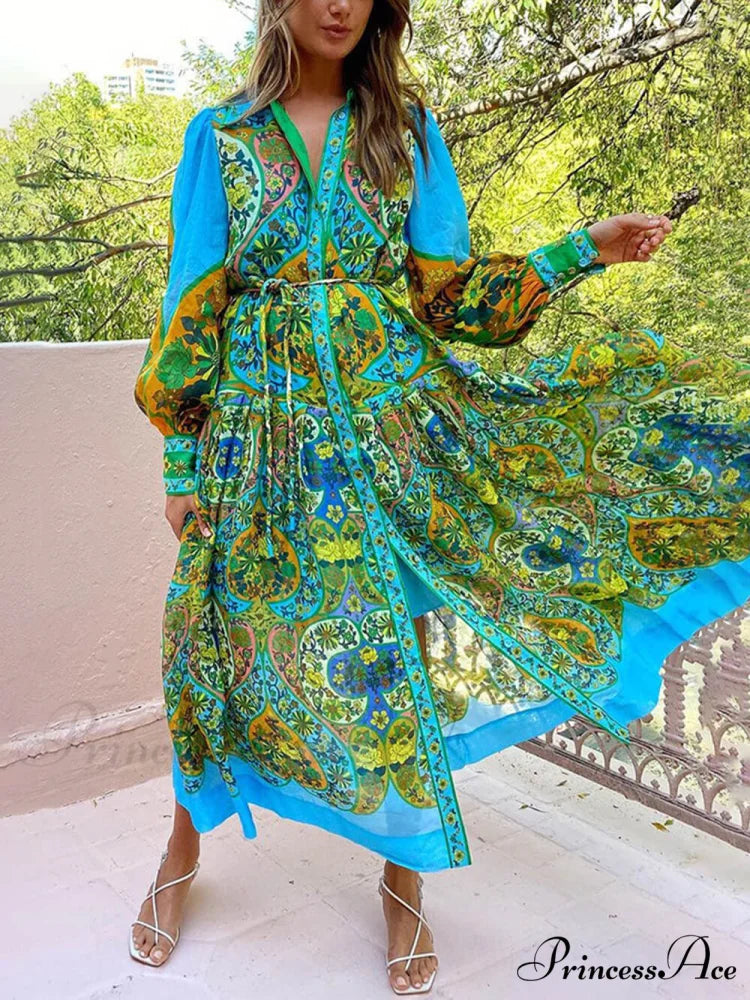 Ethnic Print Cardigan Charming Lace-Up Lapel Long-Sleeved Dress