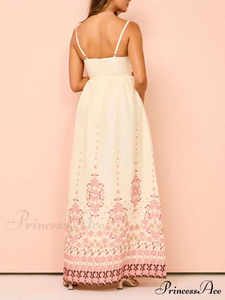 Ethnic Print Halter Charming Cream Extra Maxi Dress