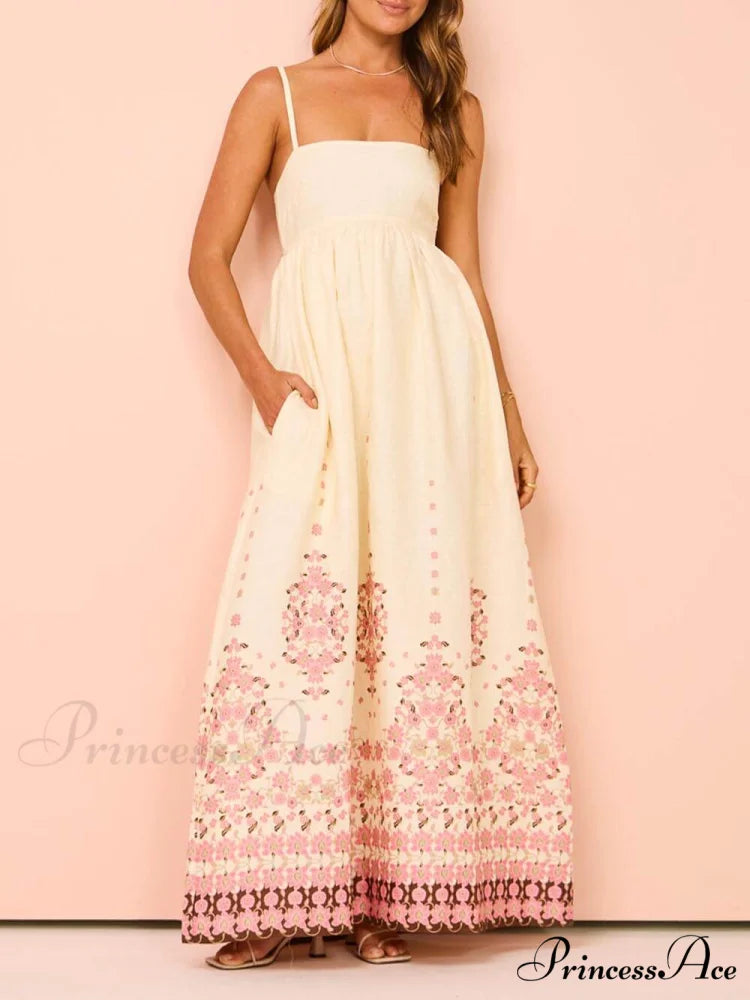 Ethnic Print Halter Charming Cream Extra Maxi Dress