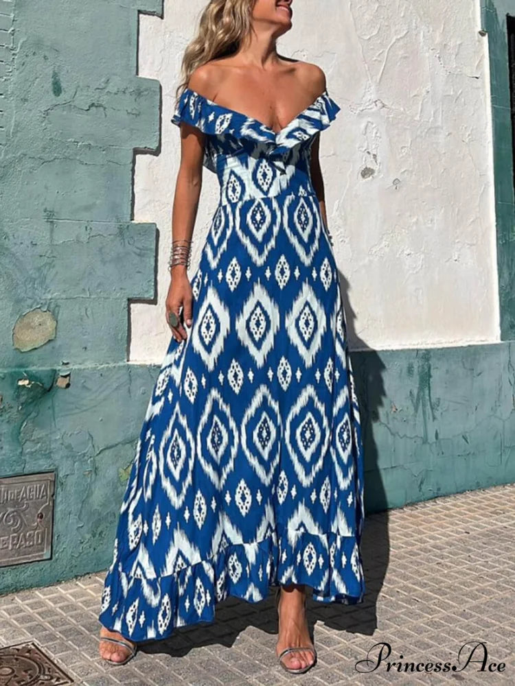 Ethnic Print Smocked Bust Graceful Ruffle Neck Maxi Dress