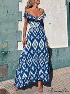 Ethnic Print Smocked Bust Graceful Ruffle Neck Maxi Dress