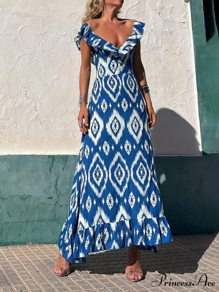 Ethnic Print Smocked Bust Graceful Ruffle Neck Maxi Dress