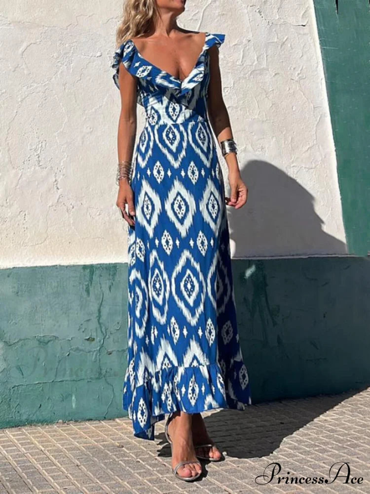 Ethnic Print Smocked Bust Graceful Ruffle Neck Maxi Dress