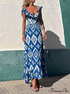 Ethnic Print Smocked Bust Graceful Ruffle Neck Maxi Dress