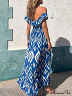 Ethnic Print Smocked Bust Graceful Ruffle Neck Maxi Dress