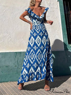 Ethnic Print Smocked Bust Graceful Ruffle Neck Maxi Dress